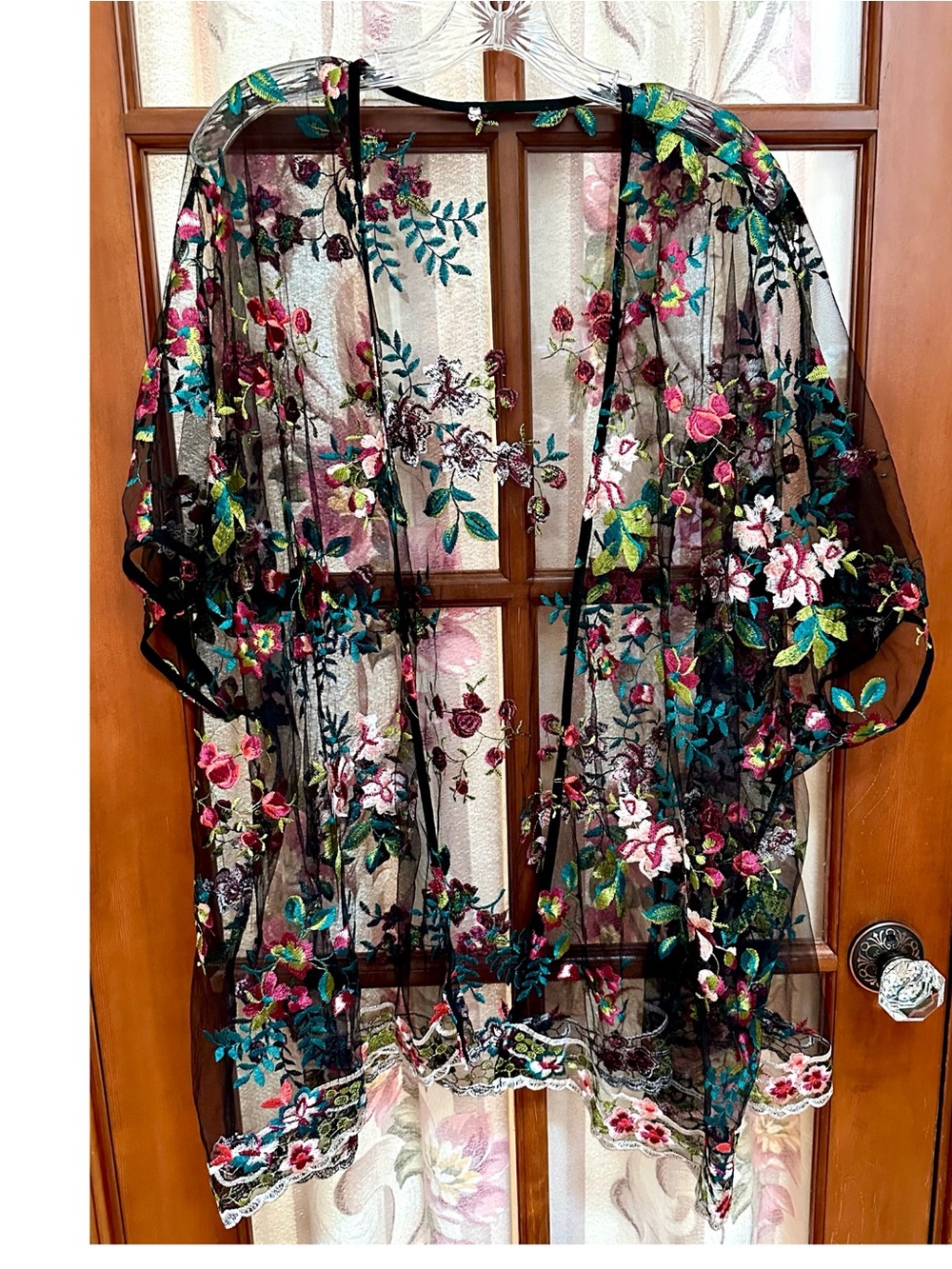 Black Sheer Embroidered Floral Kimono